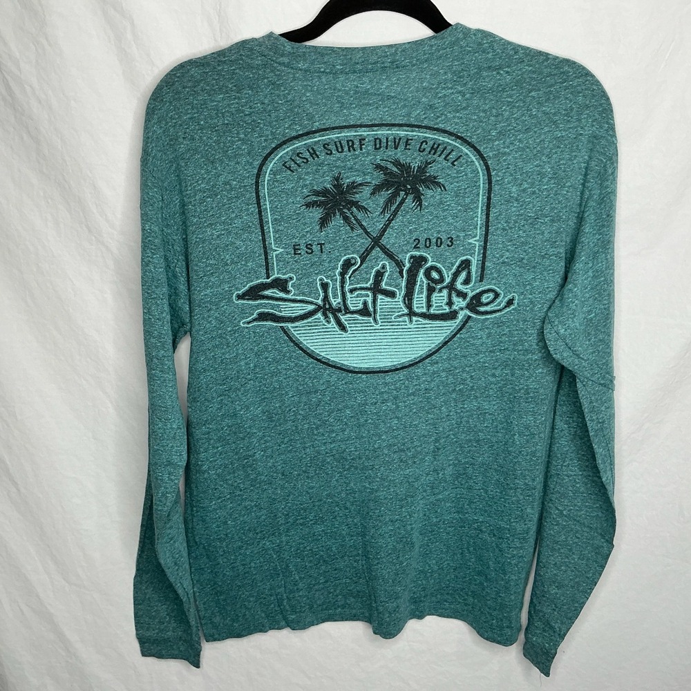 Salt Life Shirt Mens Medium Green Long Sleeve Fish Surf Dive Chill Beach Palm